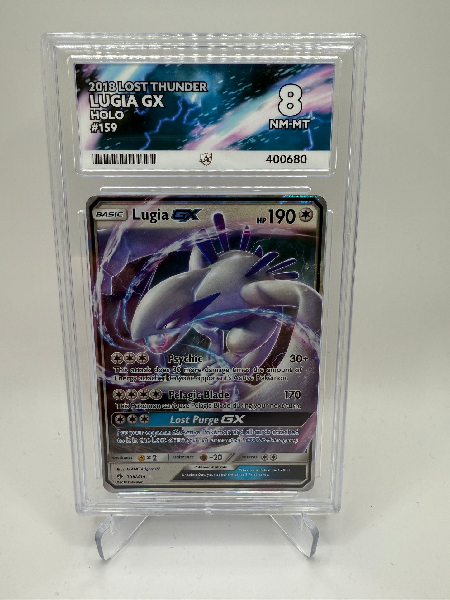 Ace 8 Near Mint/Mint (Ace Label) Lugia GX #159 Pokemon Lost Thunder, Graded