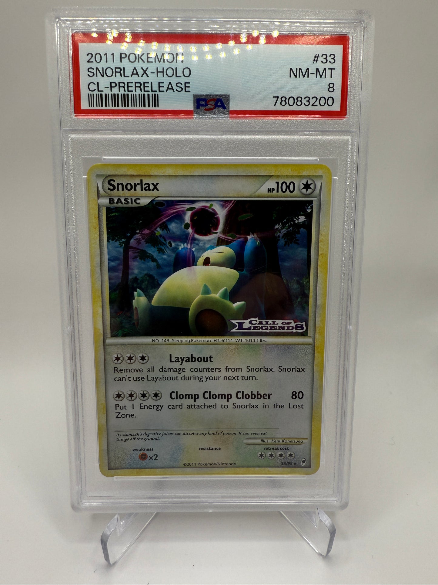 PSA 8 Near Mint/Mint - Snorlax (Prerelease) Holo #33 Pokemon Call of Legends, Graded