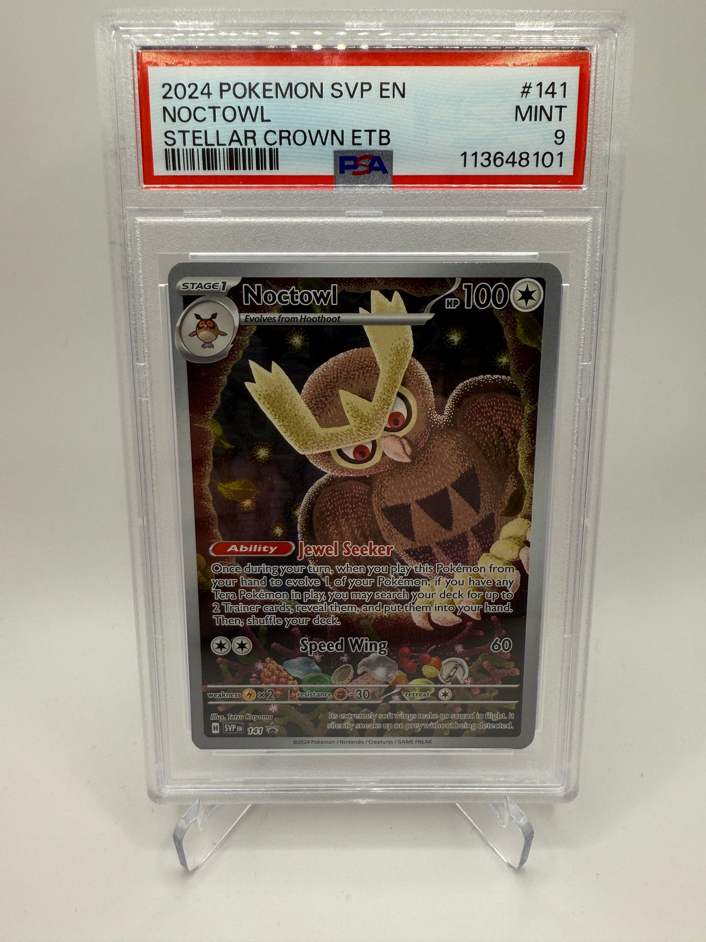 PSA 9 Mint - Noctowl #141 Stellar Crown Elite Trainer Box Promo, Graded
