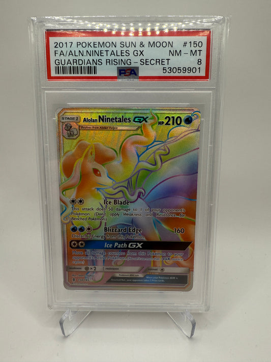 PSA 8 Near Mint/Mint - Alolan Ninetales GX Rainbow #150 Pokemon Guardians Rising, Graded