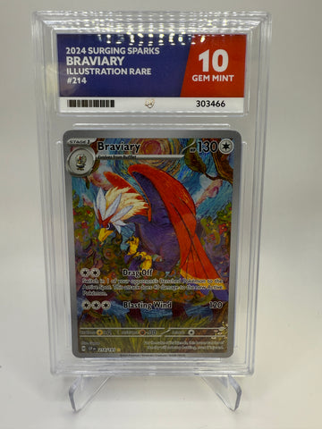 Ace 10 Gem Mint (Colour Match) Braviary Illustration Rare #214 Pokemon Surging Sparks, Graded