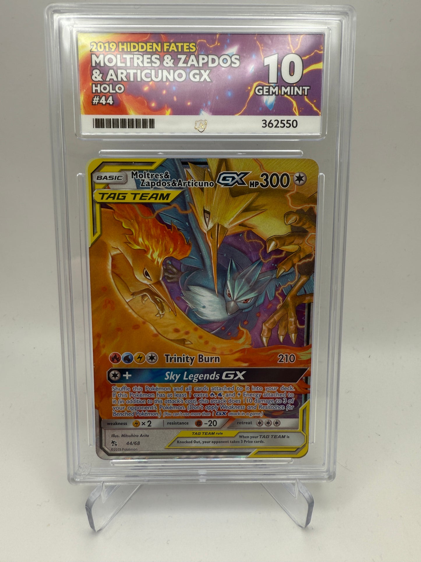 Ace 10 Gem Mint - Moltres & Zapdos & Articuno GX #44 Hidden Fates - Graded