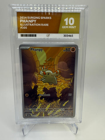 Ace 10 Gem Mint (Colour Match) Phanpy #205 Illustration Rare Pokemon Surging Sparks, Graded