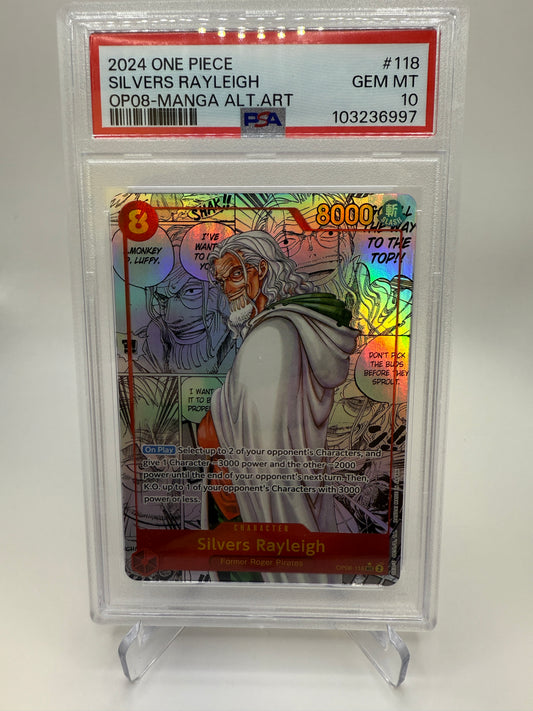 PSA 10 Gem Mint - Silvers Rayleigh (Manga) Op08-118 One Piece Two Legends, Graded